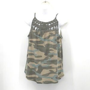 3/$25 Maurice’s Size S Camo Gray, Tan, Blue Tank Top With Crochet embellishment